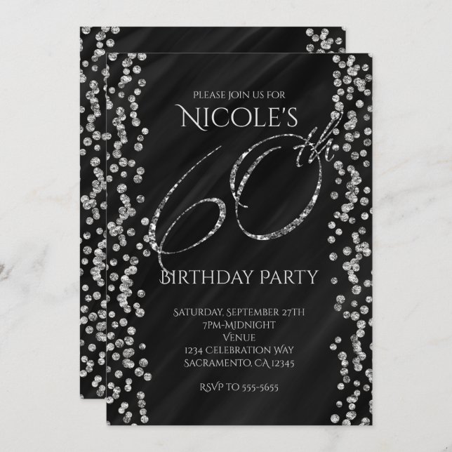 Black & Faux Silver Glitter Glam 60 60th Birthday Invitation (Front/Back)