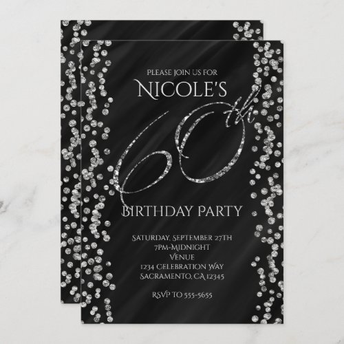 Black  Faux Silver Glitter Glam 60 60th Birthday Invitation