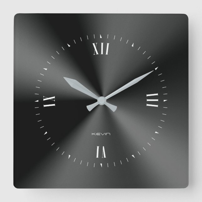 Black Faux Stainless Steel Square Wall Clock (Front)