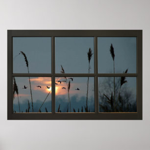 Black Faux Window Illusion Flock of Birds Poster