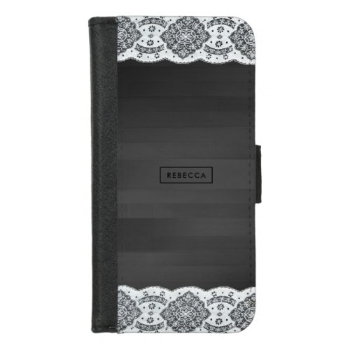 Black Faux Wood  White Vintage Lace  Monogram iPhone 87 Wallet Case