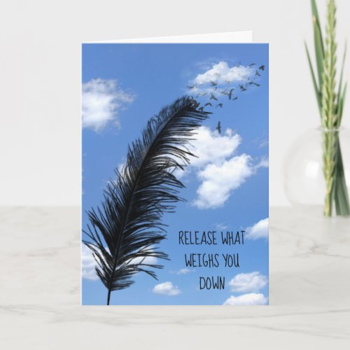 Black Feather and Birds in Clouds Card