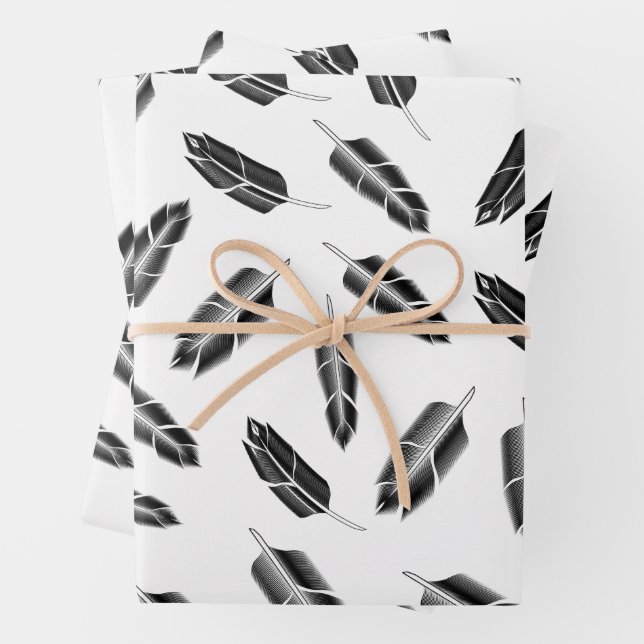 Black Feather Pattern Wrapping Paper Sheets (In situ)