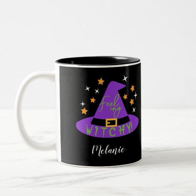Black Feeling Witchy! Witch Hat Halloween Two-Tone Coffee Mug (Left)
