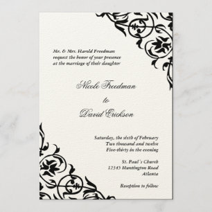 Black felt corner scroll script elegant wedding invitation