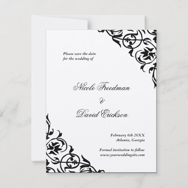 Black felt formal wedding save the date flat card (Front)