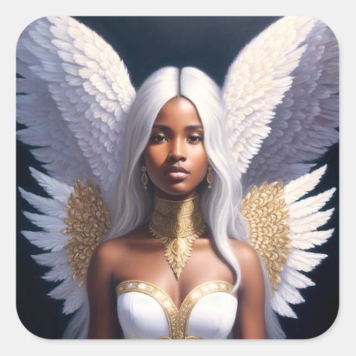 Black Female Angel White Wings Art  Square Sticker