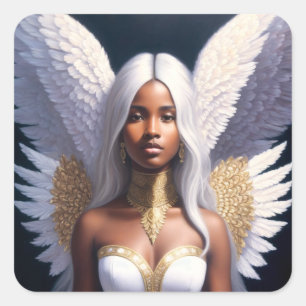 Black Female Angel White Wings Art Square Sticker