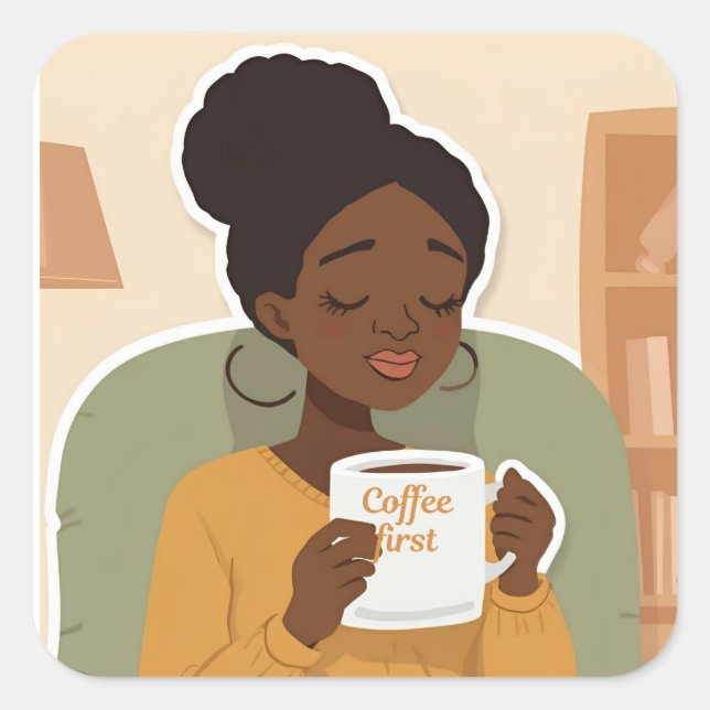 Black Female Drinking Coffee Square Sticker (Front)