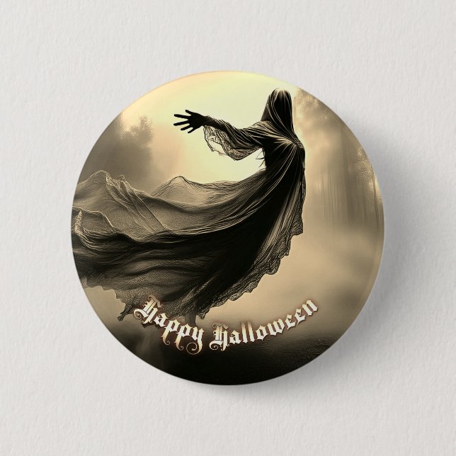 Black Female Ghost in Hellscape - Halloween Button (Front)