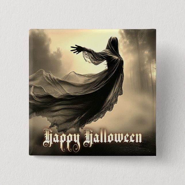 Black Female Ghost in Hellscape - Halloween Button (Front)
