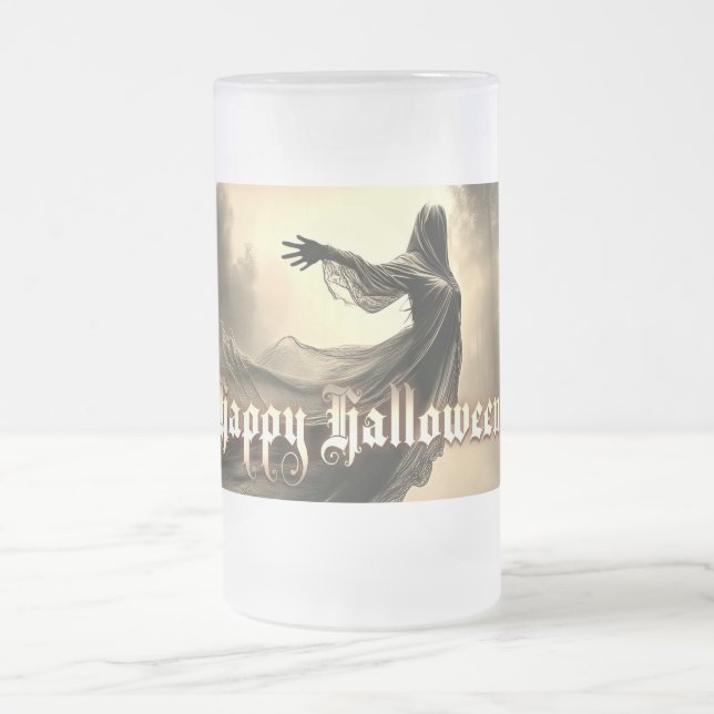 Black Female Ghost in Hellscape - Halloween Frosted Glass Beer Mug (Center)