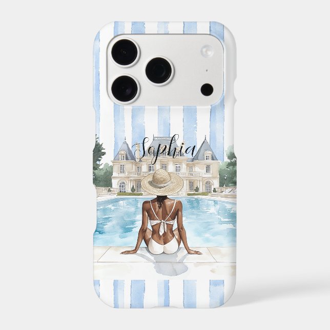 Black Female Pool Blue White Stripes iPhone Case (Back)