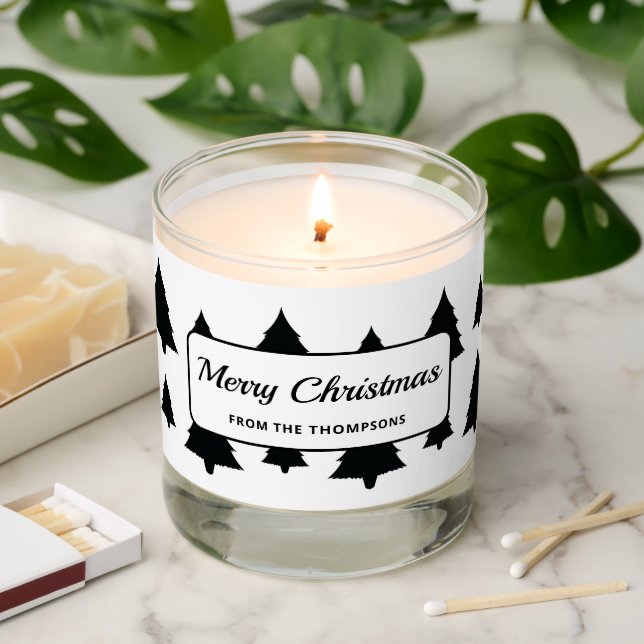 Black Festive Fir Christmas Trees Pattern And Text Scented Candle (Lit)