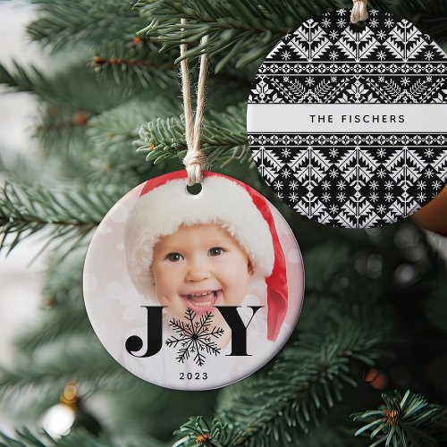 Black  Festive Joy Holiday Photo Ceramic Ornament