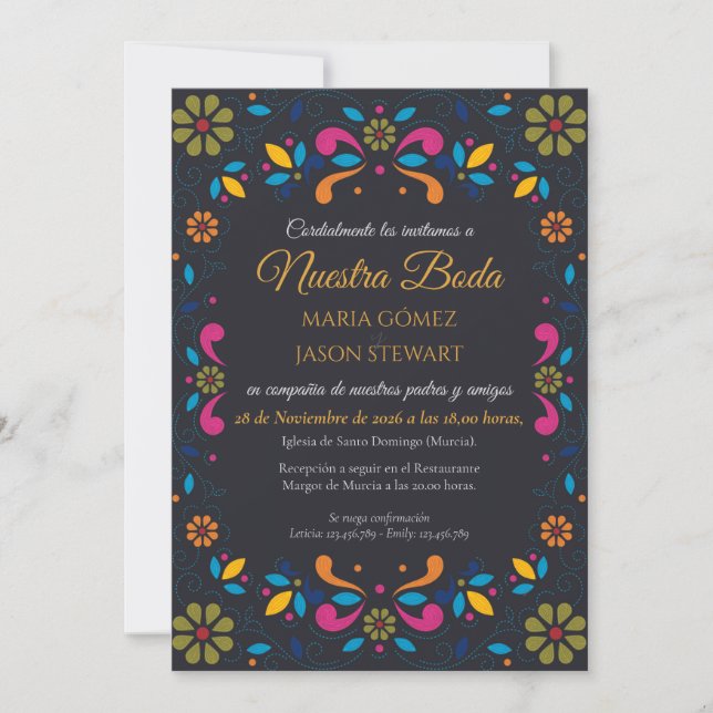 Black Fiesta Colorful Floral Boda Spanish Wedding Invitation (Front)