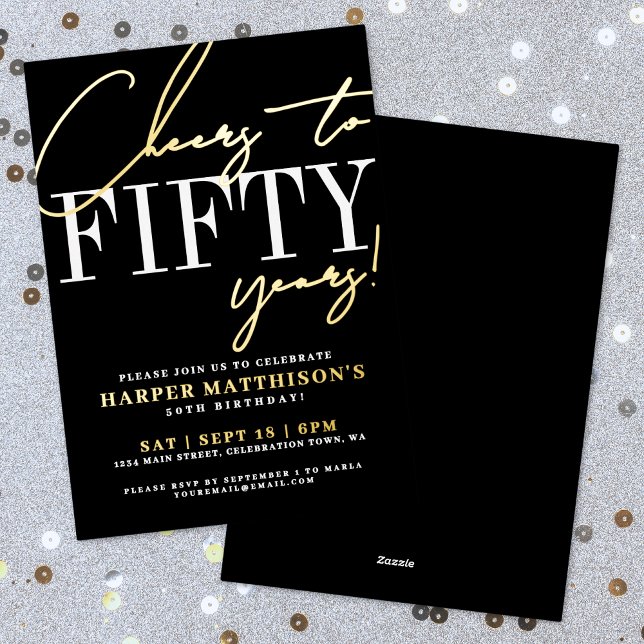Black Fifty 50th Birthday Gold Foil Invitation (Black Fifty 50th Birthday Gold Foil Invitation)