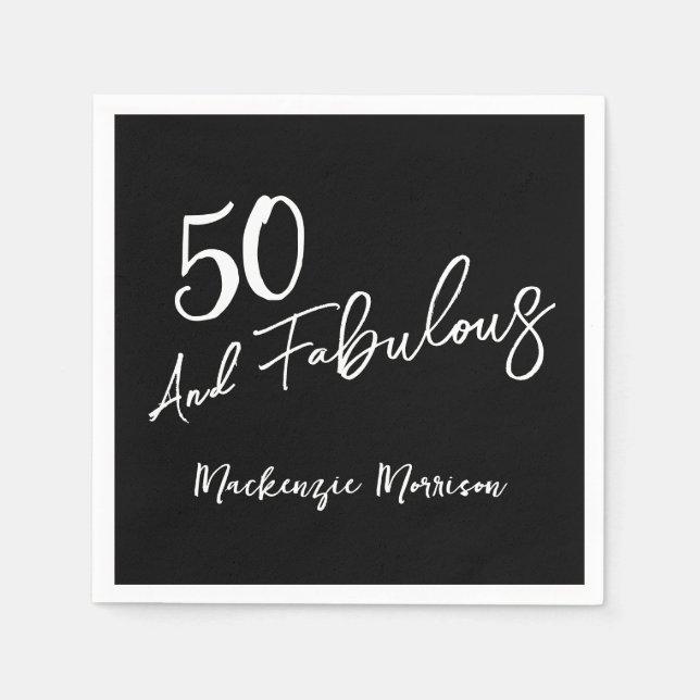 Black Fifty and Fabulous Script Birthday Napkins (Front)