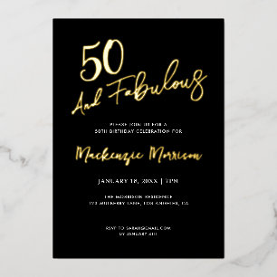 Black Fifty and Fabulous Script Birthday Party Foil Invitation