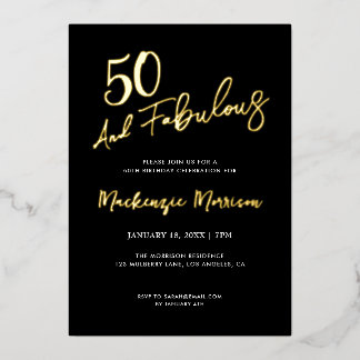 Black Fifty and Fabulous Script Birthday Party Foil Invitation