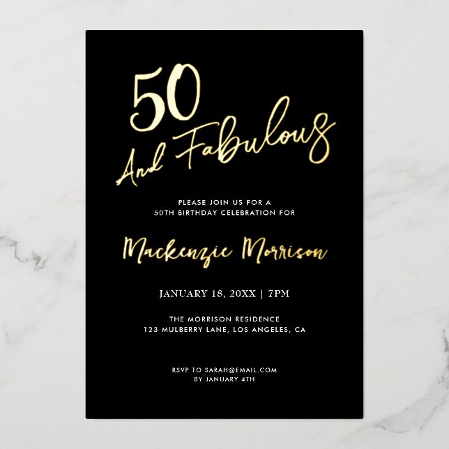 Black Fifty and Fabulous Script Birthday Party Foil Invitation (Front)