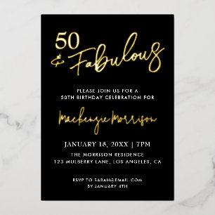 Black Fifty and Fabulous Script Birthday Party Foil Invitation