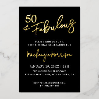 Black Fifty and Fabulous Script Birthday Party Foil Invitation