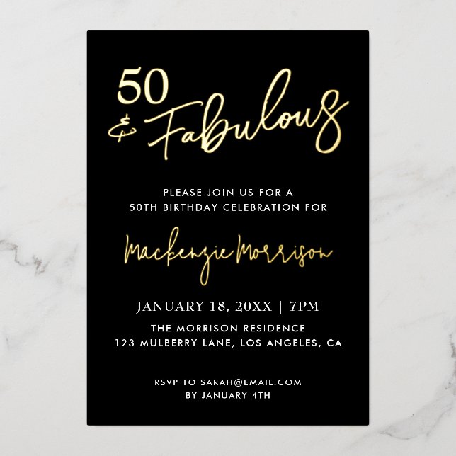 Black Fifty and Fabulous Script Birthday Party Foil Invitation (Front)