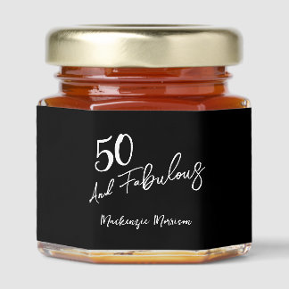 Black Fifty and Fabulous Script Birthday Party Honey Jar Favors