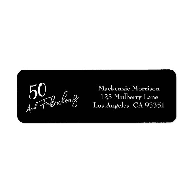 Black Fifty and Fabulous Script Birthday Party Label (Front)