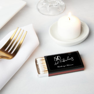 Black Fifty and Fabulous Script Birthday Party Matchboxes