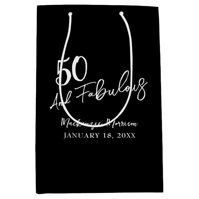Black Fifty and Fabulous Script Birthday Party Medium Gift Bag (Front)