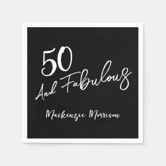 Black Fifty and Fabulous Script Birthday Party Napkins