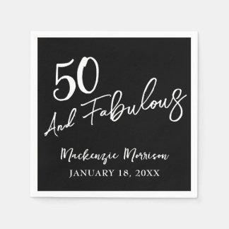 Black Fifty and Fabulous Script Birthday Party Napkins