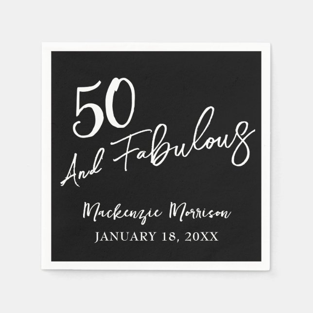 Black Fifty and Fabulous Script Birthday Party Napkins (Front)