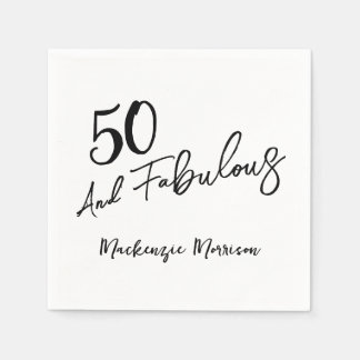 Black Fifty and Fabulous Script Birthday Party Napkins