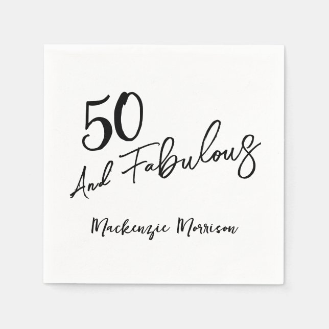 Black Fifty and Fabulous Script Birthday Party Napkins (Front)