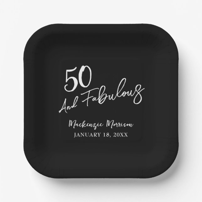 Black Fifty and Fabulous Script Birthday Party Paper Plates (Front)