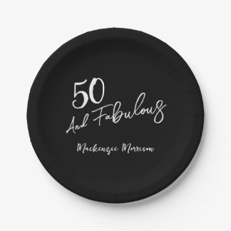 Black Fifty and Fabulous Script Birthday Party Paper Plates