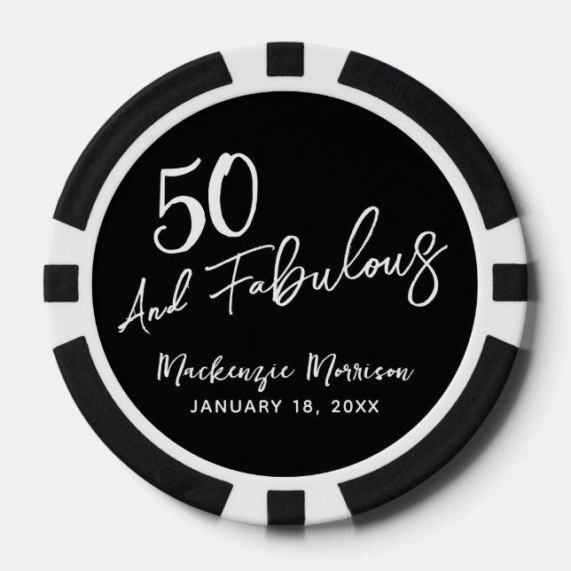 Black Fifty and Fabulous Script Birthday Party Poker Chips (Front)