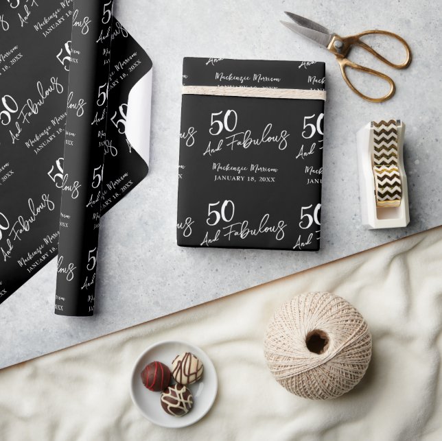 Black Fifty and Fabulous Script Birthday Party Wrapping Paper (Crafts)
