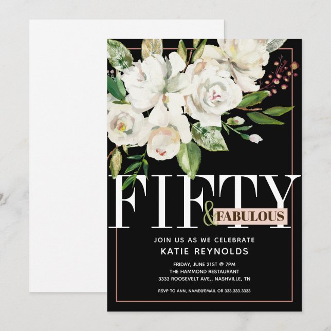 Black Fifty and Fabulous White Floral Birthday Invitation (Front/Back)