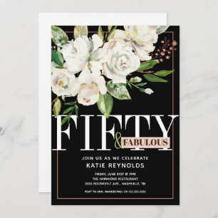Black Fifty and Fabulous White Floral Birthday Invitation