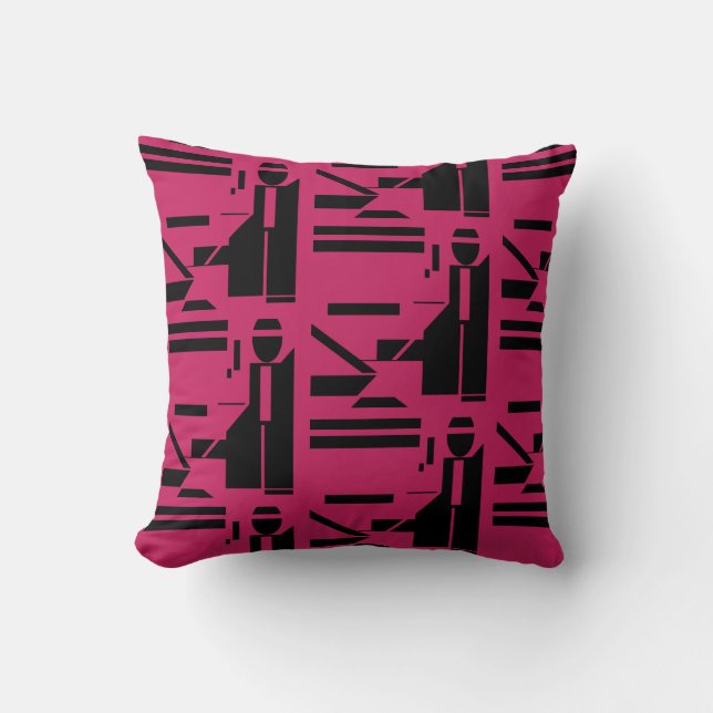 Black Figure on Burgundy Geometric Tiled Pattern Throw Pillow (Front)