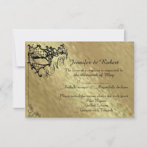 Black Filigree Mask on Gold Response Card