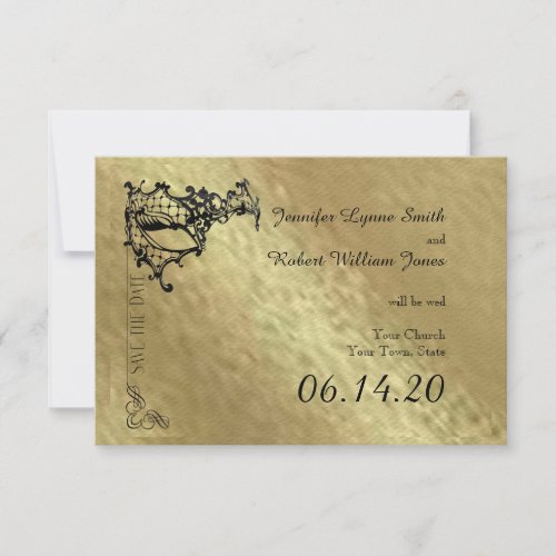 Black Filigree Mask on Gold Save the Date