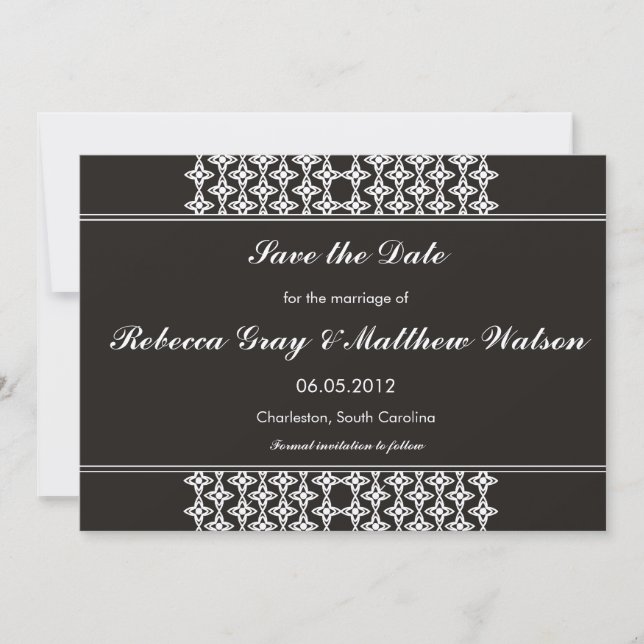 Black Filigree save the date cards (Front)
