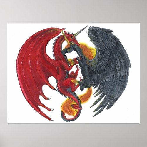 Black Fire Unicorn and Red Dragon Poster