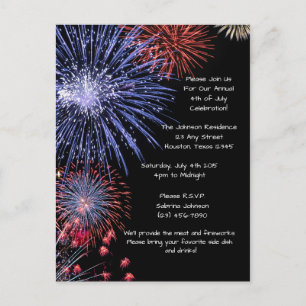 Black Fireworks 4th of July Party Invitation Postcard