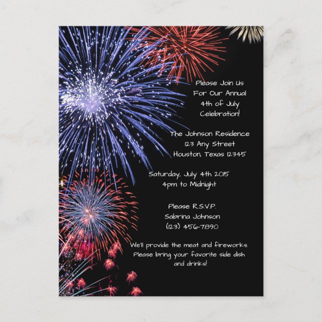 Black Fireworks 4th of July Party Invitation Postcard (Front)